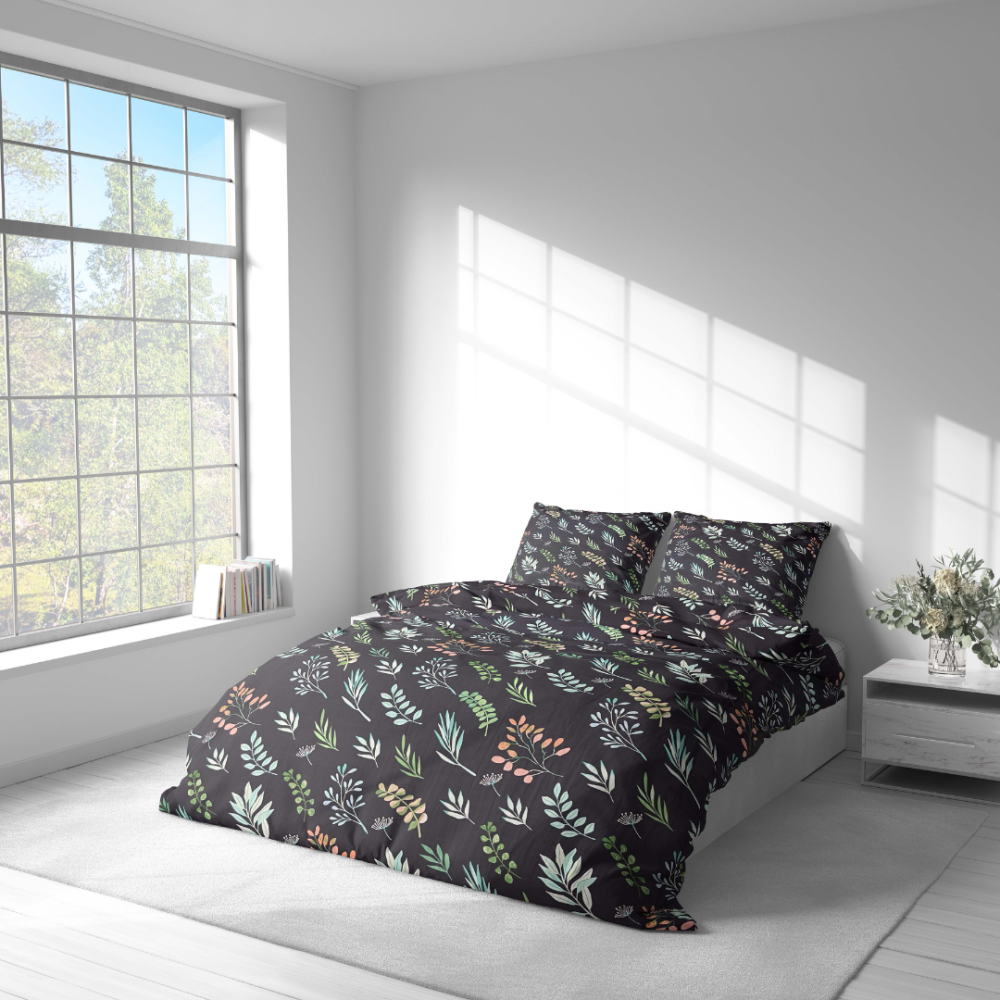 Bedding Set „Silent Canopy“. Bedding sets 155x200, 140x200 cm, 150x200 cm, 160x200 cm, 200x200 cm, 200x220 cm, 220x240 cm. Bedding with watercolor leaf design on black background