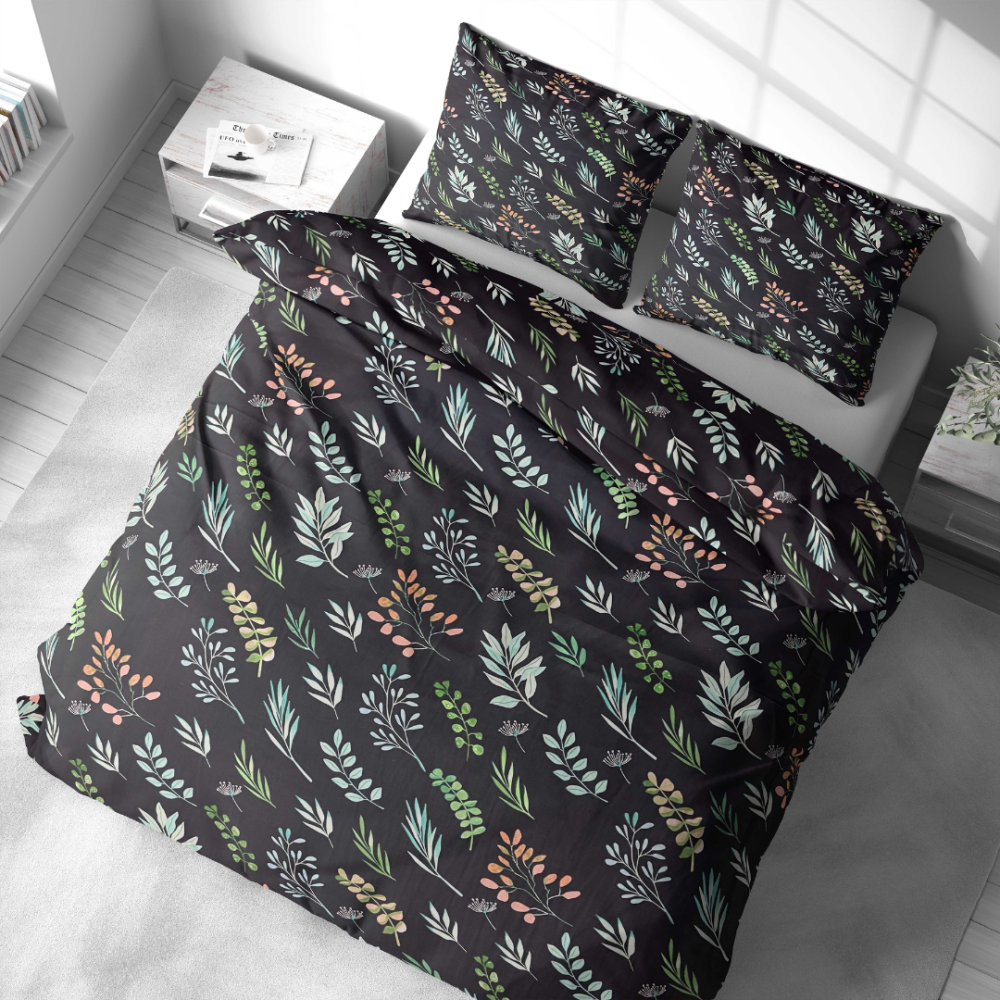 Bedding Set „Silent Canopy“. Bedding sets 155x200, 140x200 cm, 150x200 cm, 160x200 cm, 200x200 cm, 200x220 cm, 220x240 cm. Bedding set with soft green, pink and blue accents