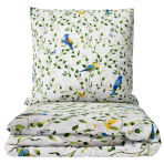Bedding Set „Birds in Bloom“. Patterned bedding sets, 140x200 cm, 200x200 cm, 200x220 cm, 220x240 cm. Bedding set with blue birds and green leaves on a white background, creating a natural and calming design.