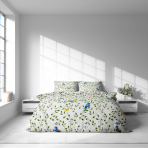 Bedding Set „Birds in Bloom“. Patterned bedding sets, 140x200 cm, 200x200 cm, 200x220 cm, 220x240 cm. Picturesque bedding set with birds and plant motifs, creating a natural and peaceful atmosphere in the bedroom.