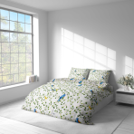 Bedding Set „Birds in Bloom“. Patterned bedding sets, 140x200 cm, 200x200 cm, 200x220 cm, 220x240 cm. Blue birds and delicate green branches on a light background, giving a sense of lightness and freshness.