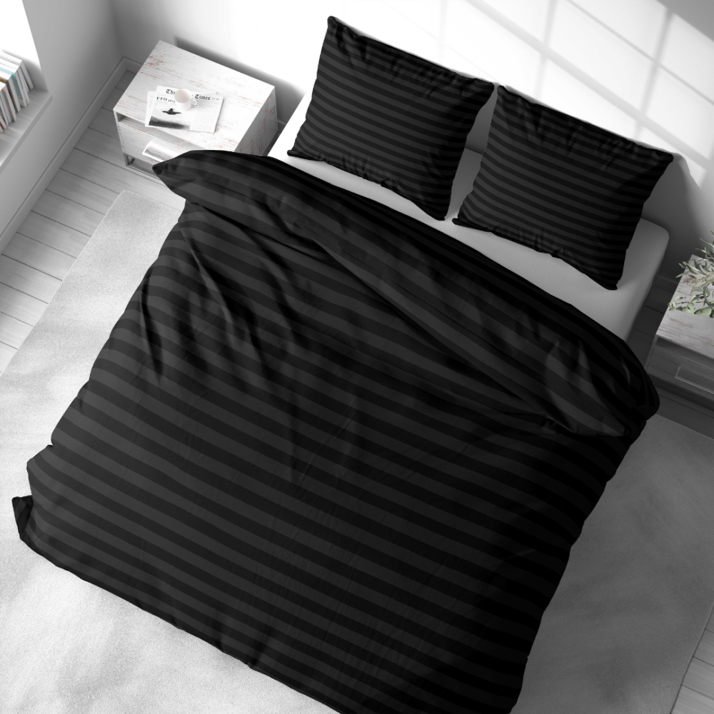 Bedding Set „Black Stripes“. Patterned bedding sets, 140x200 cm, 150x200 cm, 160x200 cm, 180x200 cm, 200x200 cm, 200x220 cm. Elegant black bedding set with subtle stripes, bringing a touch of modern luxury and comfort to your space.