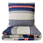 Bedding set “Blaze”. Patterned bedding sets, 140x200 cm, 150x200 cm, 160x200 cm, 200x200 cm, 200x220 cm. Sleek grey bedding set with modern lines in dark blue, grey, and red.