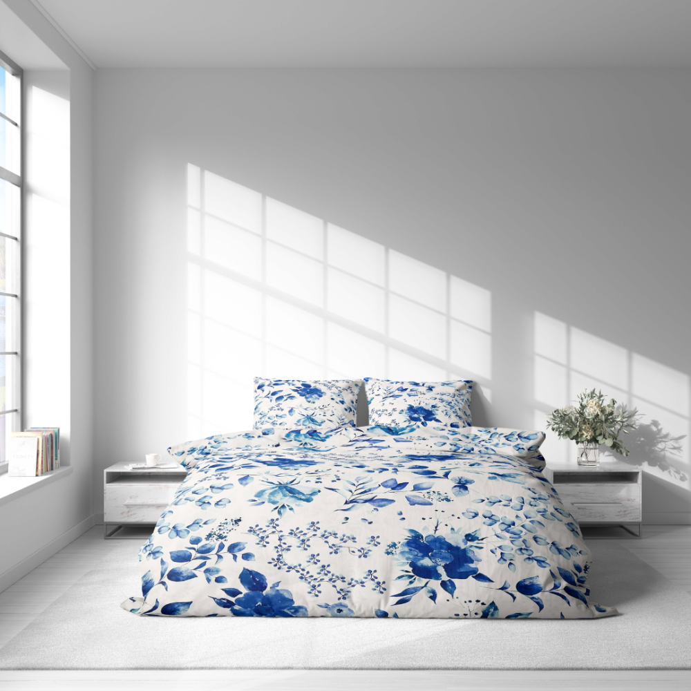 Bedding Set „Blue Fields“. White bedding sets, 140x200 cm, 200x200 cm, 200x220 cm, 220x240 cm