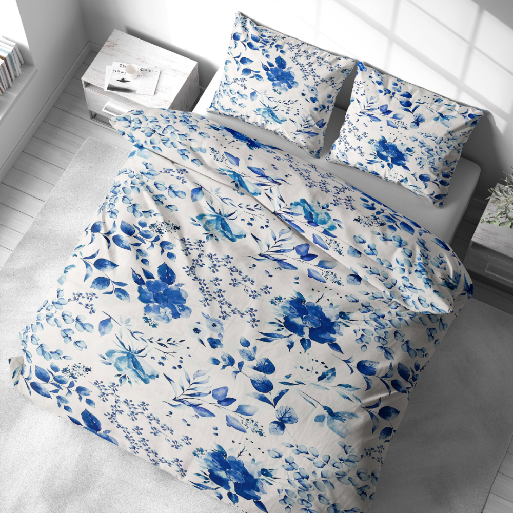 Bedding Set „Blue Fields“. White bedding sets, 140x200 cm, 200x200 cm, 200x220 cm, 220x240 cm