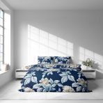 Bedding Set „Blue Grace“. Bedding sets 155x200, 140x200 cm, 150x200 cm, 160x200 cm, 180x200 cm, 200x200 cm, 200x220 cm. Elegant bedding set with large white flower motifs.