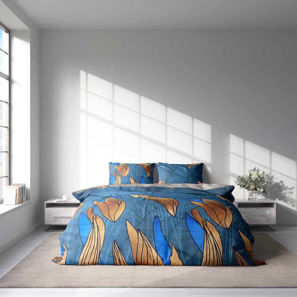 Bedding Set „Blufusion“. Bedding sets with plants, 200x220 cm. Bold bedding set in blue and brown tones