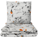 Bedding Set „Blushing Flora“. Gray bedding sets, 140x200 cm, 200x200 cm, 200x220 cm. White bedding set with grey botanical patterns and orange accents.