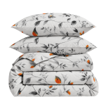Bedding Set „Blushing Flora“. Gray bedding sets, 140x200 cm, 200x200 cm, 200x220 cm. White bedding set with grey botanical patterns and orange accents. Bedding Set „Blushing Flora“. Gray bedding sets, 140x200 cm, 200x200 cm, 200x220 cm. White bedding set with grey botanical patterns and orange accents.