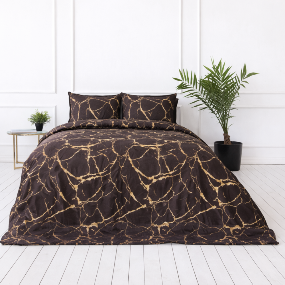 Bedding Set „Bronze Marble“. Bedding sets 155x200, 140x200 cm, 150x200 cm, 160x200 cm, 180x200 cm, 200x200 cm, 200x220 cm, 220x240 cm. Brown bedding set with a subtle yellowish pattern.