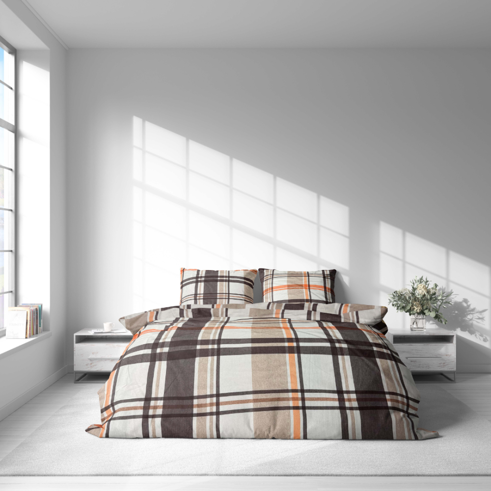 Bedding Set „Brownstone Grid“. Bedding sets 155x200, 140x200 cm, 150x200 cm, 160x200 cm, 180x200 cm, 200x200 cm, 200x220 cm, 220x240 cm. Autumn-inspired plaid bedding design with a cozy modern look.