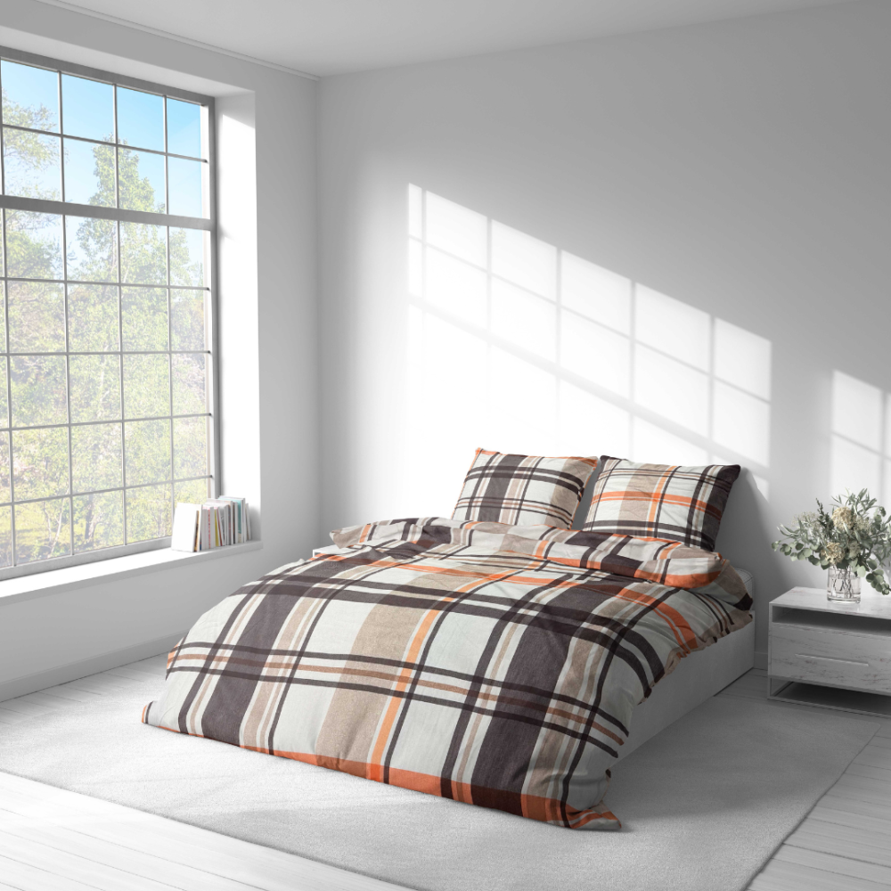 Bedding Set „Brownstone Grid“. Bedding sets 155x200, 140x200 cm, 150x200 cm, 160x200 cm, 180x200 cm, 200x200 cm, 200x220 cm, 220x240 cm. Geometric bedding pattern in brown, orange, and cream colors.