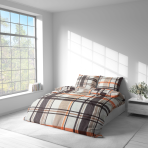 Bedding Set „Brownstone Grid“. Bedding sets 155x200, 140x200 cm, 150x200 cm, 160x200 cm, 180x200 cm, 200x200 cm, 200x220 cm, 220x240 cm. Geometric bedding pattern in brown, orange, and cream colors.