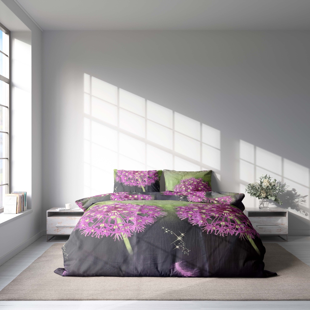 Bedding Set „Burdock“. Bedding sets with plants, 140x200 cm, 150x200 cm, 160x200 cm, 180x200 cm, 200x200 cm, 200x220 cm. Bedding ensemble in dark and light green hues adorned with striking burdock motifs