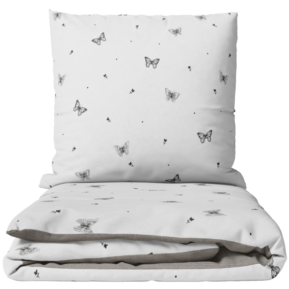Bedding Set „Butterfly“. Patterned bedding sets, 140x200 cm, 200x200 cm, 200x220 cm. White bedding set with a subtle pattern of grey butterflies, small dots and delicate tiny branches. Bedding Set „Butterfly“. Patterned bedding sets, 140x200 cm, 200x200 cm, 200x220 cm. White bedding set with a subtle pattern of grey butterflies, small dots and delicate tiny branches.