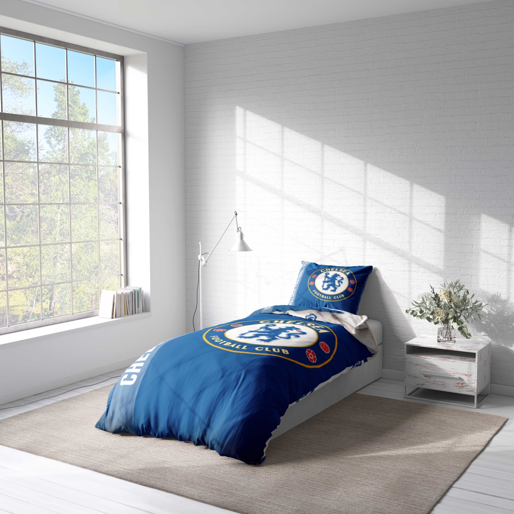 Bedding Set „Chelsea“. Kids bedding, 140x200 cm. Chelsea football club emblem on dark blue bedding.
