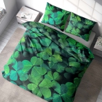 Bedding Set „Clover“. Bedding sets with plants, 140x200 cm, 180x200 cm. Elegant black bedding set with vivid green clovers, creating a bold and lively look for your bed.