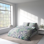 Bedding Set „Luminous“. Gray bedding sets, 160x200 cm, 200x200 cm, 200x220 cm. Stylish bedding set in blue and green featuring white branches with long leaves, perfect for a calming bedroom decor.