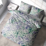 Bedding Set „Luminous“. Gray bedding sets, 160x200 cm, 200x200 cm, 200x220 cm. Charming blue and green bedding set with white branches and long leaves, adding a touch of nature to your sleeping space.