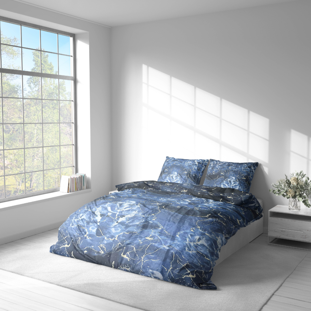 Bedding Set „Cosmic Blue“. Bedding sets 155x200, 140x200 cm, 150x200 cm, 160x200 cm, 180x200 cm, 200x200 cm, 200x220 cm, 220x240 cm. A stylish and modern bedroom décor choice with a marble pattern.