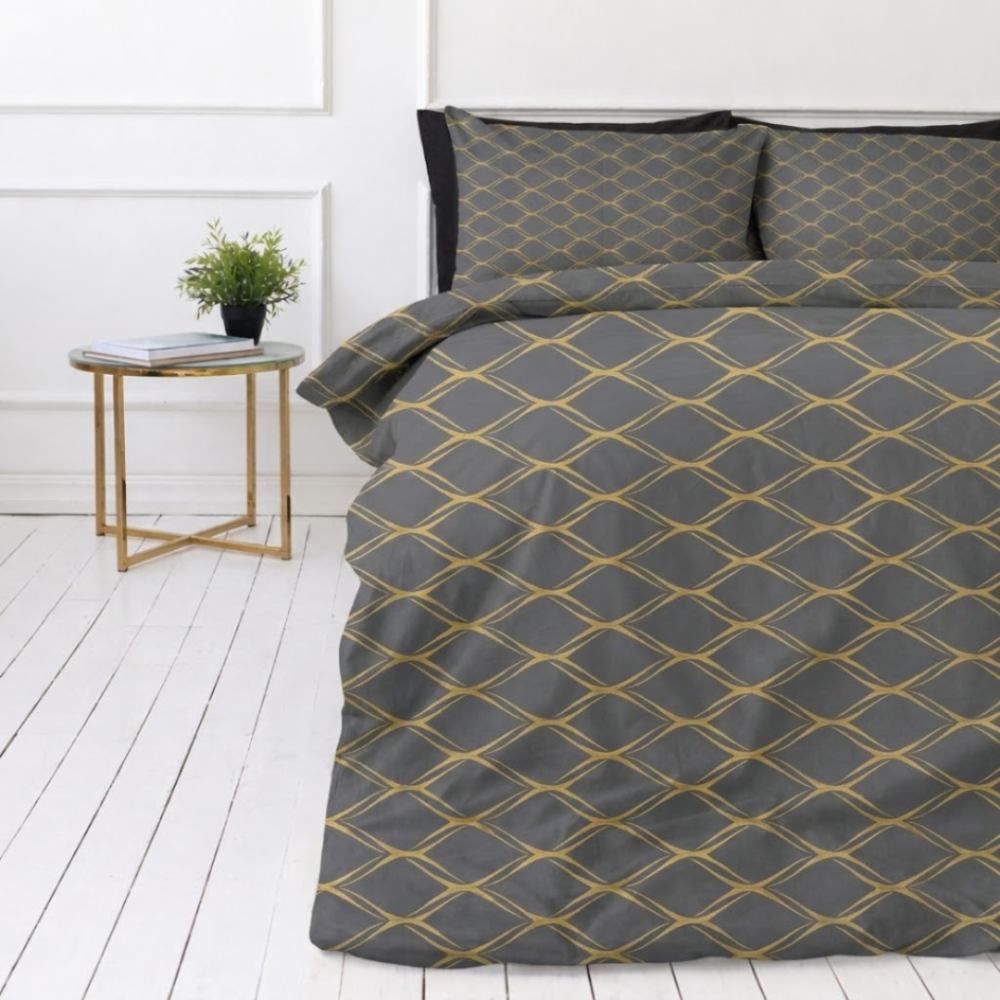Bedding Set „Cross“. Bedding sets 155x200, 140x200 cm, 150x200 cm, 160x200 cm, 180x200 cm, 200x200 cm, 200x220 cm. Bedding set in grey with soft sand-colored oval shapes, adding a subtle yet elegant pattern to your decor.