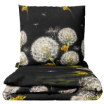 Bedding Set „Dandelion Night“. Patterned bedding sets, 140x200 cm, 200x200 cm, 200x220 cm. Edding set with a dandelion and yellow flower pattern on a black background.