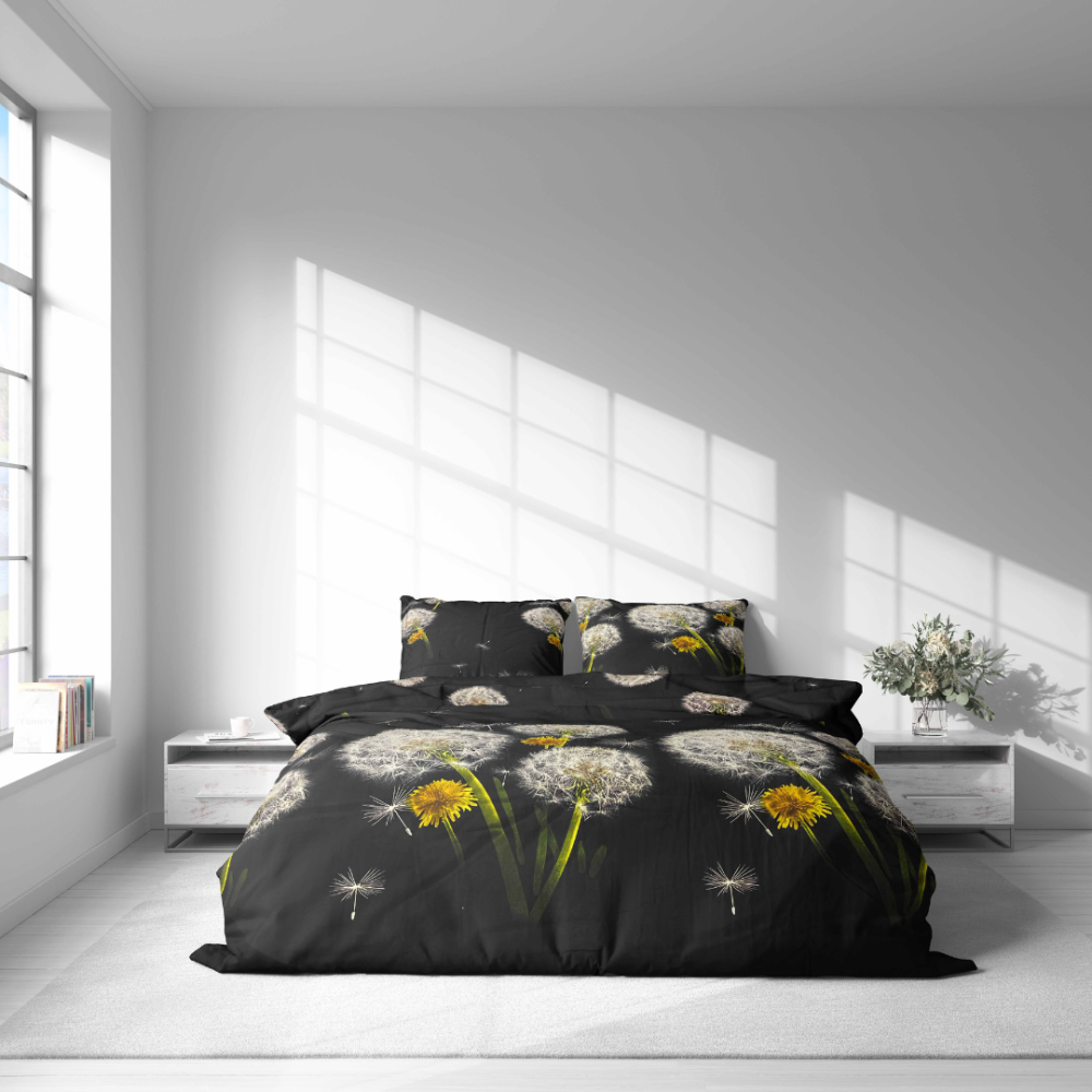 Bedding Set „Dandelion Night“. Patterned bedding sets, 140x200 cm, 200x200 cm, 200x220 cm. Bedding with a delicate dandelion and floral design contrasting against a black background.
