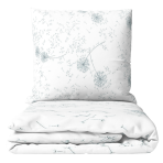 Bedding Set „Dandelion puff“. Bedding sets 155x200, 140x200 cm, 150x200 cm, 160x200 cm, 180x200 cm, 200x200 cm, 200x220 cm. Elegant white bedding set featuring silver dandelion puffs, creating a whimsical and serene atmosphere.