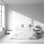 Bedding Set „Dandelion puff“. Bedding sets 155x200, 140x200 cm, 150x200 cm, 160x200 cm, 180x200 cm, 200x200 cm, 200x220 cm. Sophisticated white bedding set adorned with silver dandelion puffs, offering a dreamy and tranquil vibe.