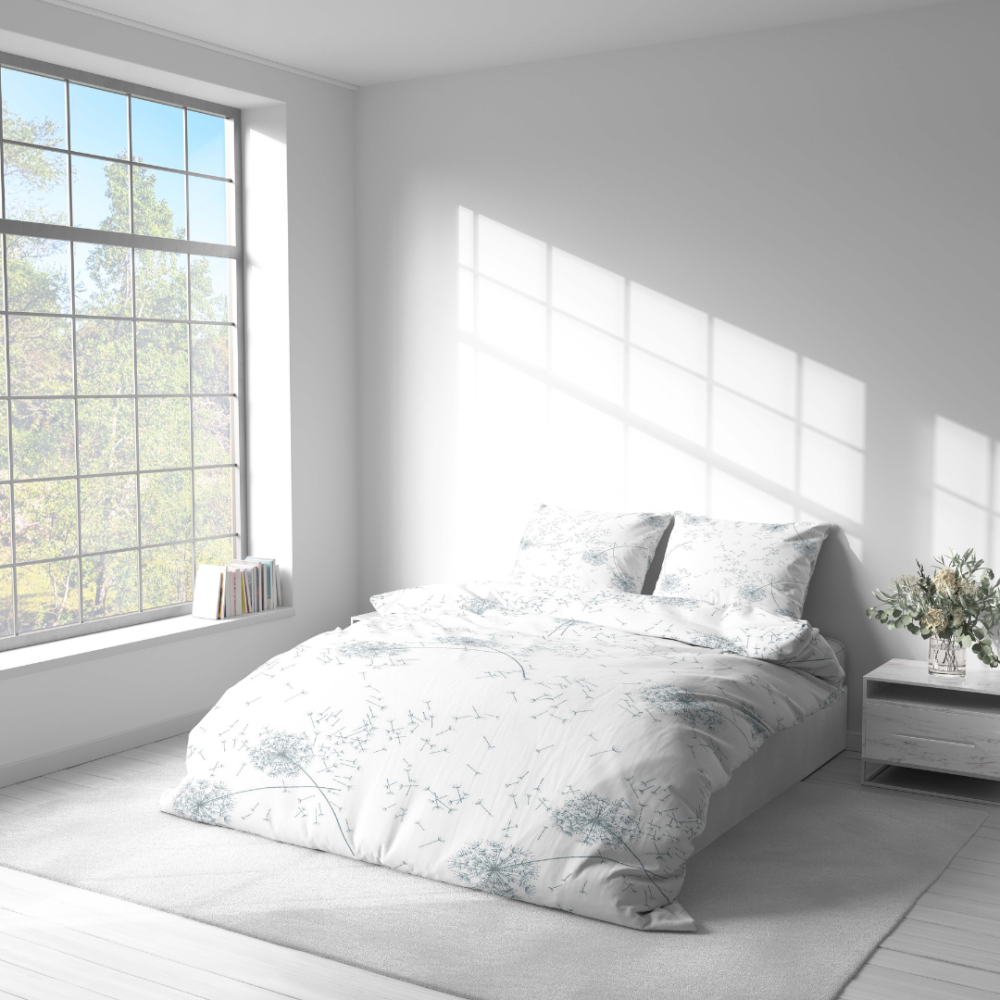 Bedding Set „Dandelion puff“. Bedding sets 155x200, 140x200 cm, 150x200 cm, 160x200 cm, 180x200 cm, 200x200 cm, 200x220 cm. Graceful white bedding set with silver dandelion puffs, bringing a soft and enchanting element to your bedroom.