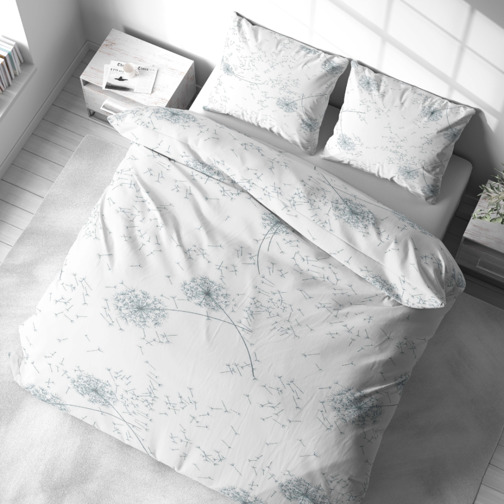 Bedding Set „Dandelion puff“. Bedding sets 155x200, 140x200 cm, 150x200 cm, 160x200 cm, 180x200 cm, 200x200 cm, 200x220 cm. Charming white bedding set with silver dandelion puffs floating across the design, adding a touch of magic.