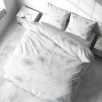 Bedding Set „Dandelion puff“. Bedding sets 155x200, 140x200 cm, 150x200 cm, 160x200 cm, 180x200 cm, 200x200 cm, 200x220 cm. Charming white bedding set with silver dandelion puffs floating across the design, adding a touch of magic.