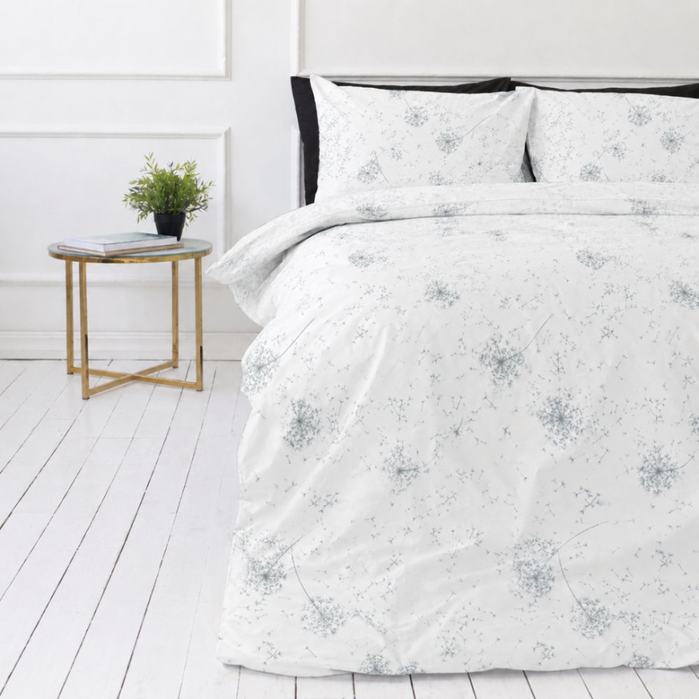 Bedding Set „Dandelion puff“. Bedding sets 155x200, 140x200 cm, 150x200 cm, 160x200 cm, 180x200 cm, 200x200 cm, 200x220 cm. Charming white bedding set with silver dandelion puffs floating across the design, adding a touch of magic. Bedding Set „Dandelion puff“. Bedding sets 155x200, 140x200 cm, 150x200 cm, 160x200 cm, 180x200 cm, 200x200 cm, 200x220 cm. Charming white bedding set with silver dandelion puffs floating across the design, adding a touch of magic.