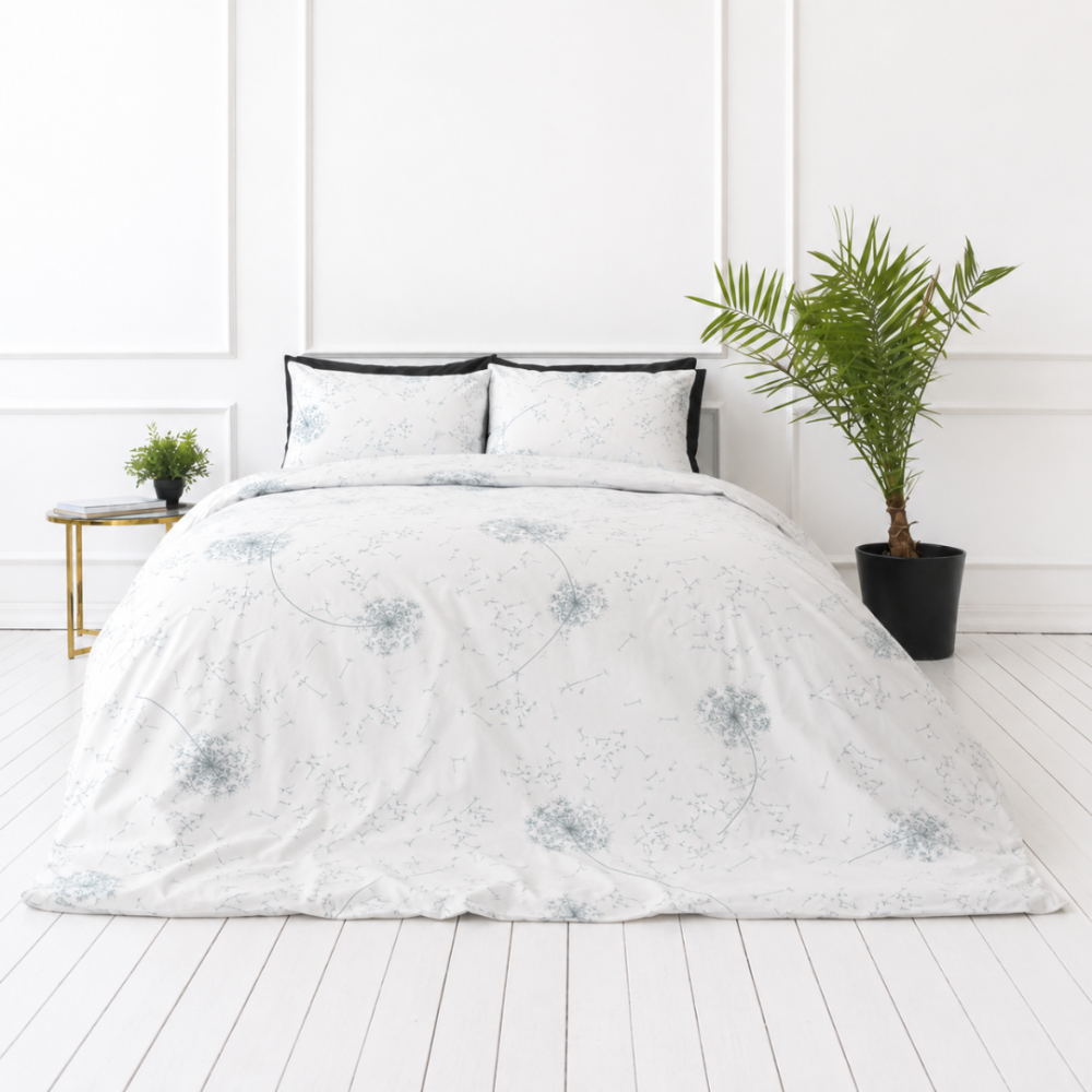 Bedding Set „Dandelion puff“. Bedding sets 155x200, 140x200 cm, 150x200 cm, 160x200 cm, 180x200 cm, 200x200 cm, 200x220 cm. Graceful white bedding set with silver dandelion puffs, bringing a soft and enchanting element to your bedroom. Bedding Set „Dandelion puff“. Bedding sets 155x200, 140x200 cm, 150x200 cm, 160x200 cm, 180x200 cm, 200x200 cm, 200x220 cm. Graceful white bedding set with silver dandelion puffs, bringing a soft and enchanting element to your bedroom.