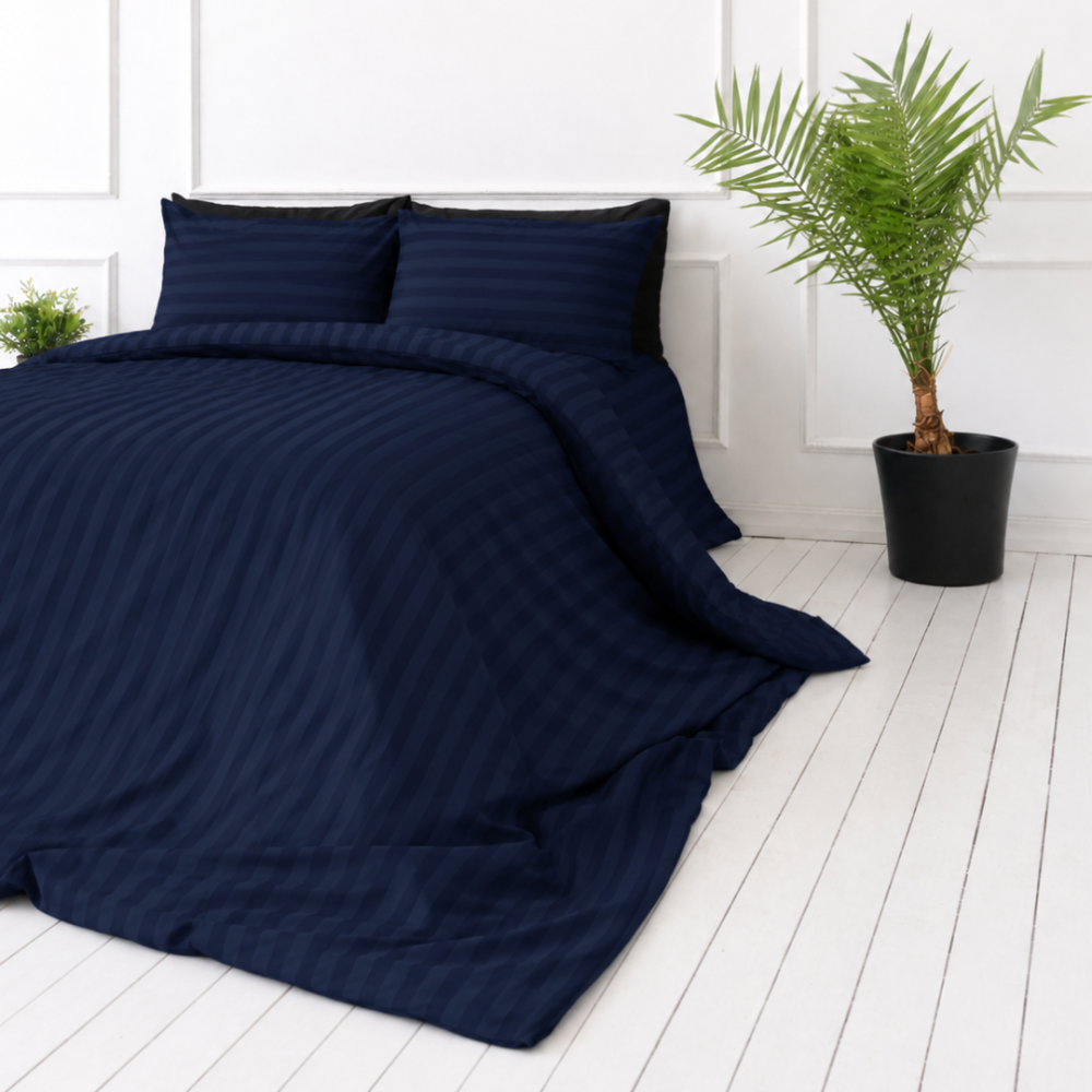 Bedding Set „Dark Blue Stripes“. Patterned bedding sets, 140x200 cm, 150x200 cm, 160x200 cm, 180x200 cm, 200x200 cm, 200x220 cm. Elevate your bedroom with this dark blue bedding set, accented by a chic stripe design. Bedding Set „Dark Blue Stripes“. Patterned bedding sets, 140x200 cm, 150x200 cm, 160x200 cm, 180x200 cm, 200x200 cm, 200x220 cm. Elevate your bedroom with this dark blue bedding set, accented by a chic stripe design.