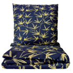 Bedding Set „Dawn Botanical“. Bedding sets 135x200, 140x200 cm, 150x200 cm, 160x200 cm, 180x200 cm, 200x200 cm, 200x220 cm, 220x240 cm. Bedding set in dark blue featuring vibrant yellow branches, adding a striking contrast to your bedroom decor.