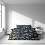 Bedding Set „Dawn Botanical“. Bedding sets 135x200, 140x200 cm, 150x200 cm, 160x200 cm, 180x200 cm, 200x200 cm, 200x220 cm, 220x240 cm. Elegant dark blue bedding set with intricate yellow branch patterns, perfect for a stylish and serene bedroom.