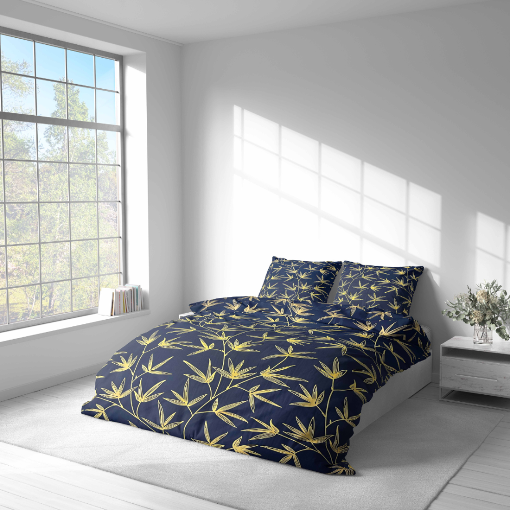 Bedding Set „Dawn Botanical“. Bedding sets 135x200, 140x200 cm, 150x200 cm, 160x200 cm, 180x200 cm, 200x200 cm, 200x220 cm, 220x240 cm. Dark blue bedding set highlighted by bold yellow branches, bringing a touch of nature-inspired elegance to your room.
