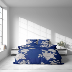 Bedding Set „Vast Blossom“. Bedding sets 155x200, 140x200 cm, 150x200 cm, 180x200 cm, 200x200 cm, 200x220 cm, 220x240 cm. Bedding set in deep blue, featuring big light-colored floral patterns for a chic, stylish look.