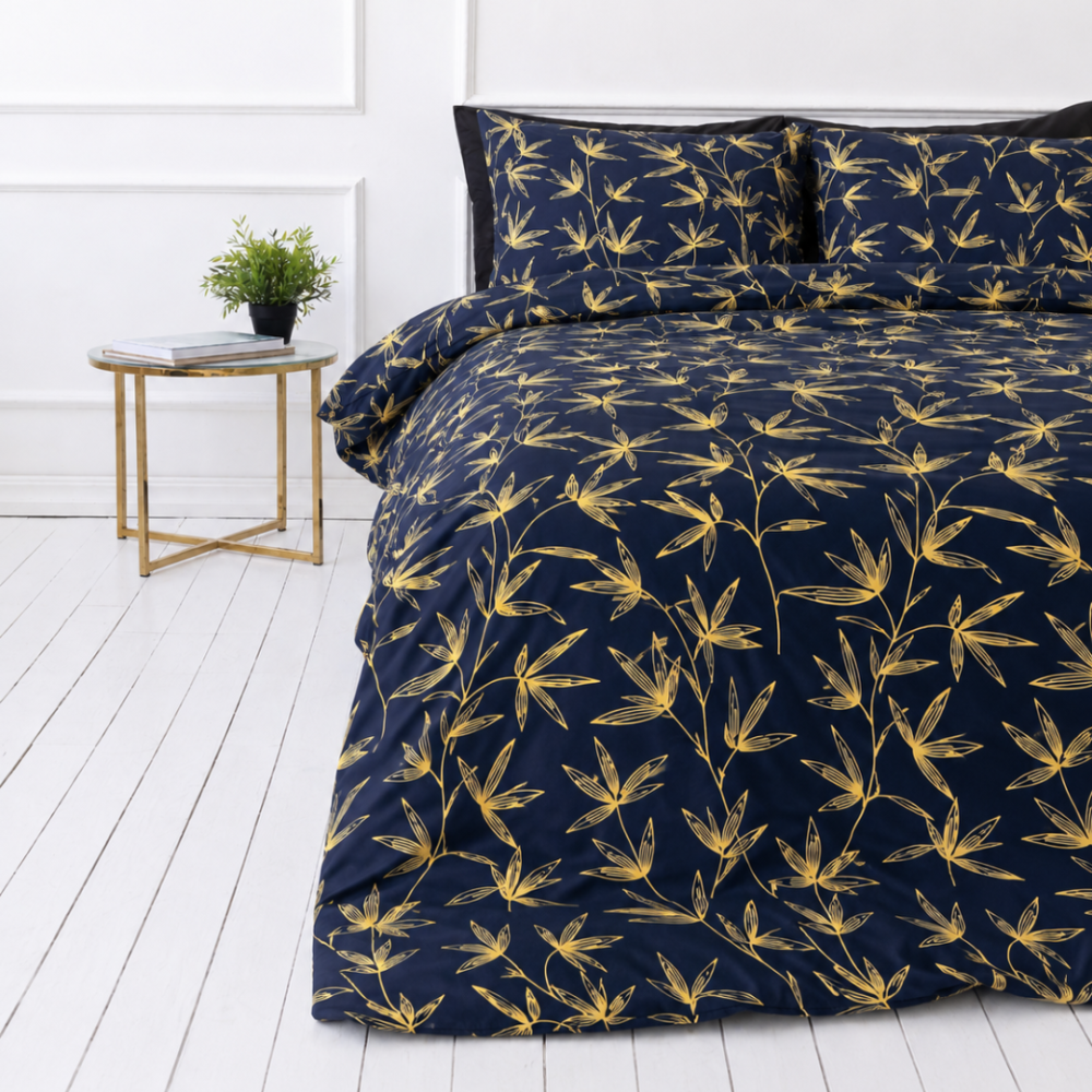 Bedding Set „Dawn Botanical“. Bedding sets 135x200, 140x200 cm, 150x200 cm, 160x200 cm, 180x200 cm, 200x200 cm, 200x220 cm, 220x240 cm. Dark blue bedding set adorned with lively yellow branches, creating a fresh and modern look for your space. Bedding Set „Dawn Botanical“. Bedding sets 135x200, 140x200 cm, 150x200 cm, 160x200 cm, 180x200 cm, 200x200 cm, 200x220 cm, 220x240 cm. Dark blue bedding set adorned with lively yellow branches, creating a fresh and modern look for your space.