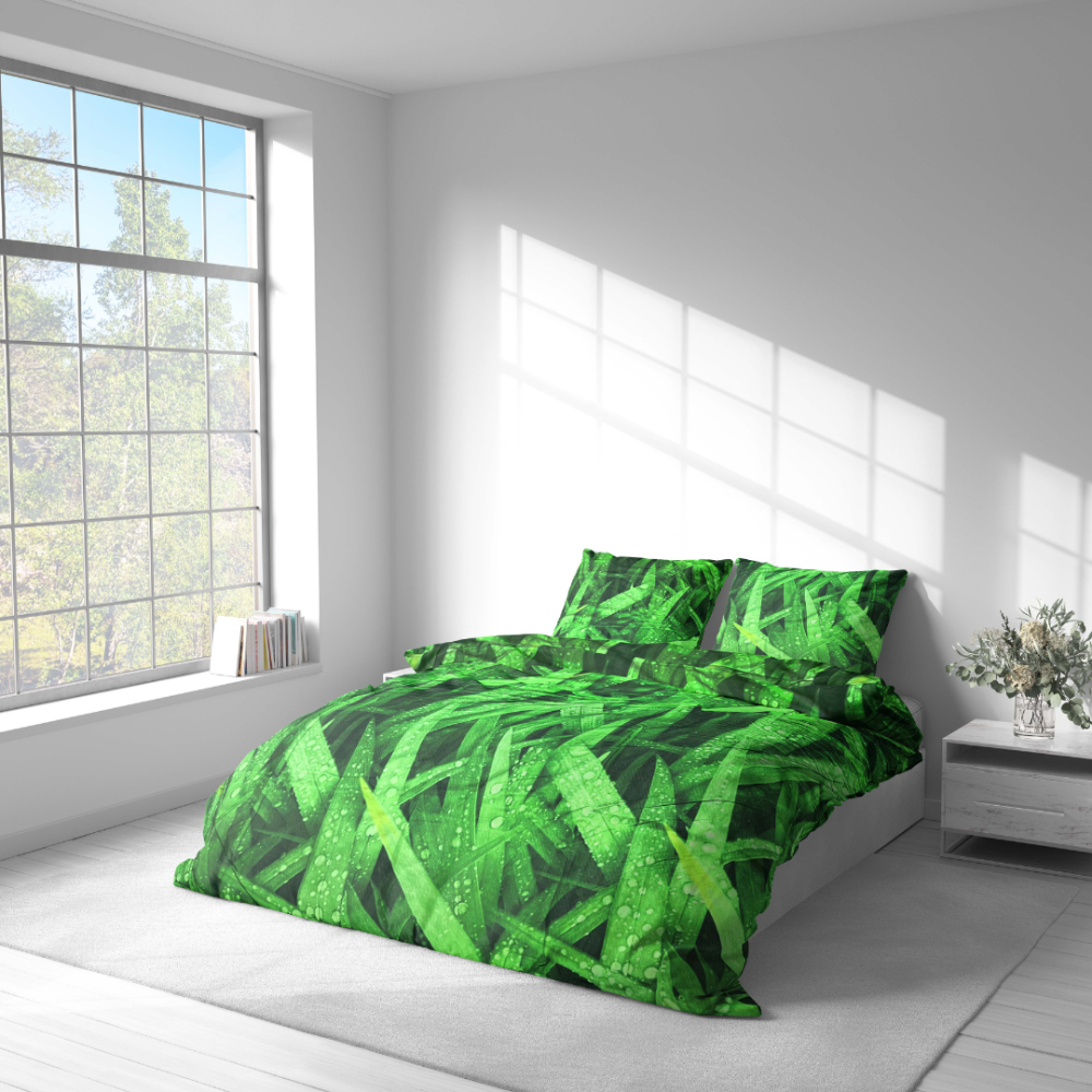 Bedding Set „Dewdrop“. Green bedding set, 140x200 cm, 200x200 cm, 200x220 cm. Green grass and dewdrop motif on the bedding set.
