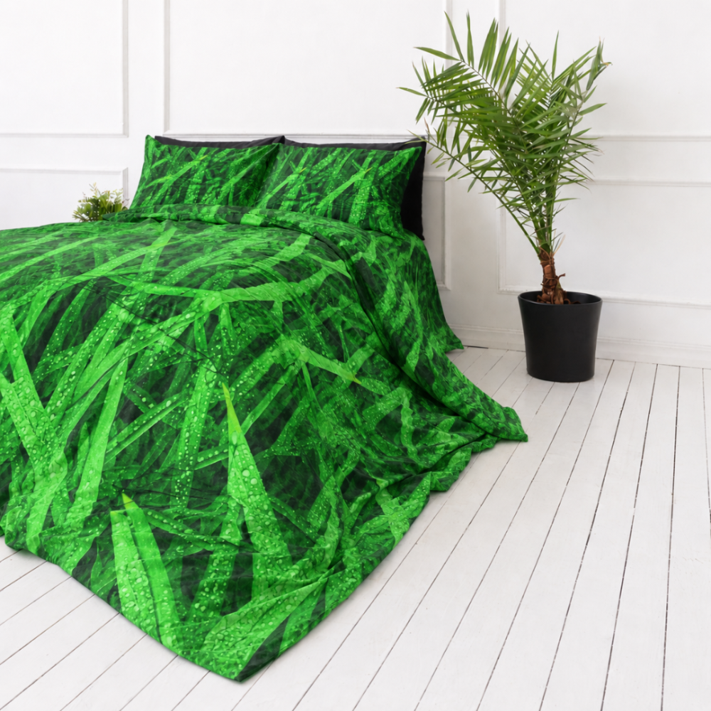 Bedding Set „Dewdrop“. Green bedding set, 140x200 cm, 200x200 cm, 200x220 cm. Bedding featuring grass and dewdrops, creating a fresh and natural look. Bedding Set „Dewdrop“. Green bedding set, 140x200 cm, 200x200 cm, 200x220 cm. Bedding featuring grass and dewdrops, creating a fresh and natural look.