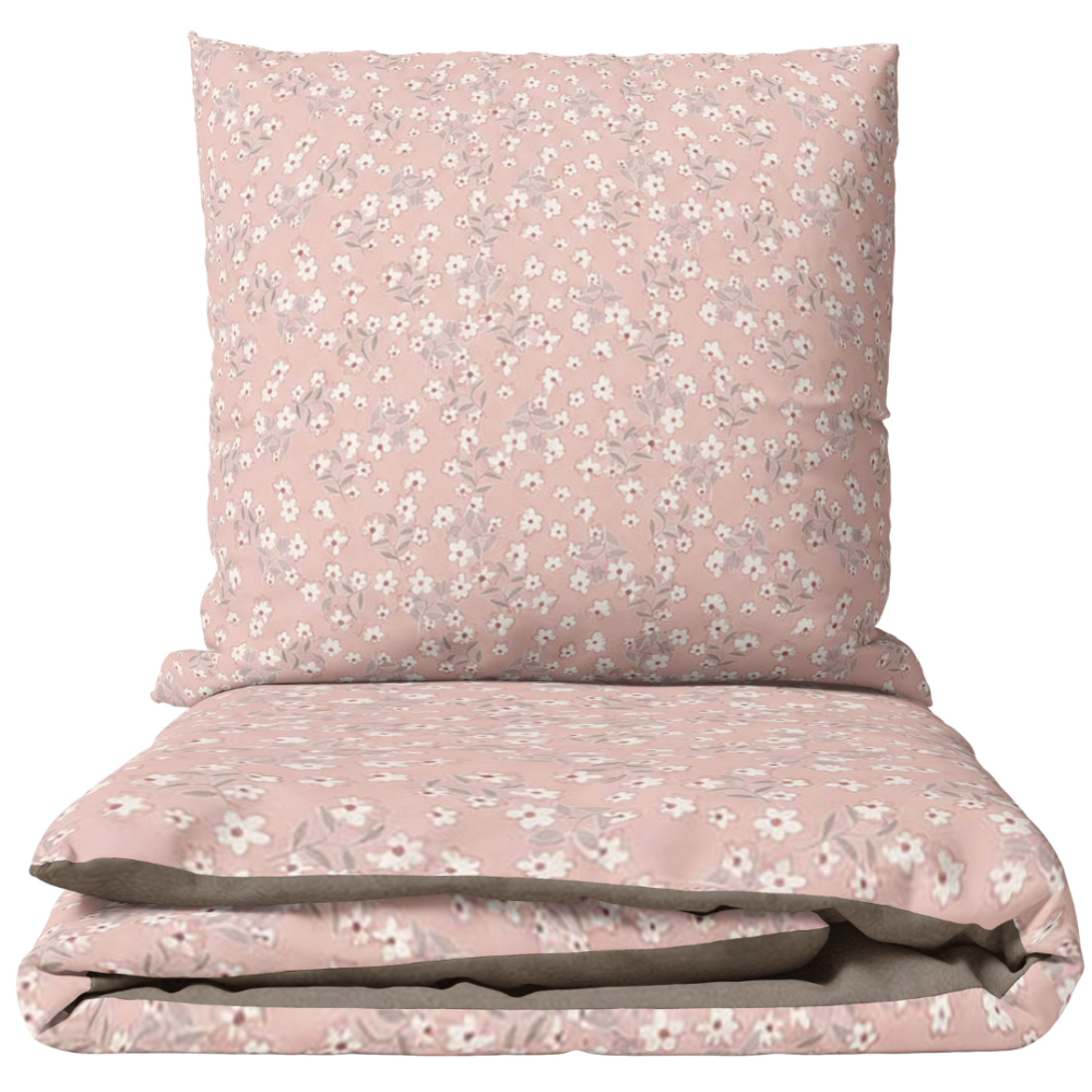 Bedding Set „Ditsy“. Pink bedding, 140x200 cm, 200x200 cm, 200x220 cm. Nude pink bedding set with a delicate pattern of white flowers and grey-green leaves. Bedding Set „Ditsy“. Pink bedding, 140x200 cm, 200x200 cm, 200x220 cm. Nude pink bedding set with a delicate pattern of white flowers and grey-green leaves.