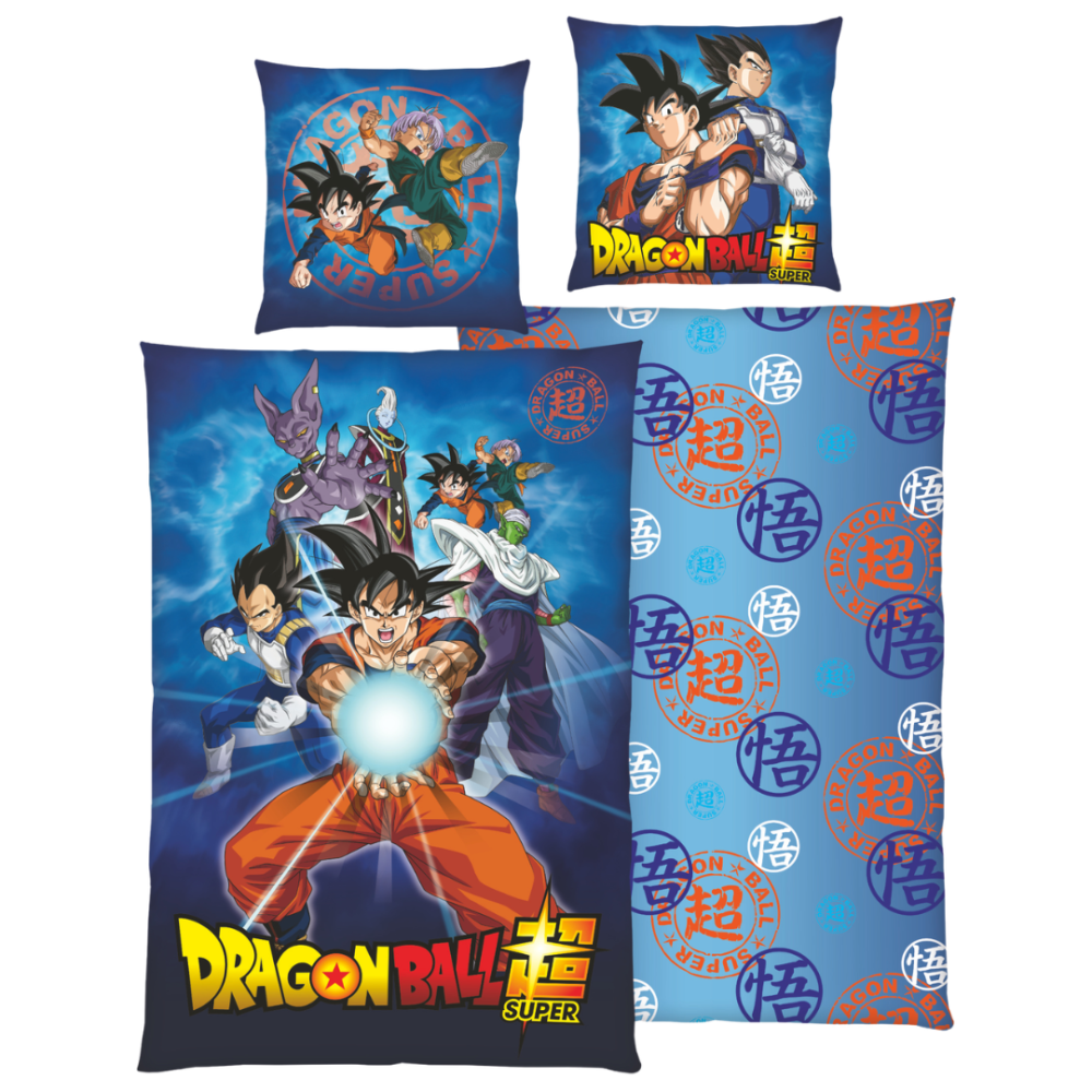 Bedding Set „Dragon Ball Super“. Kids bedding, 135x200 cm. Blue dragon ball super bedding design with colourful anime characters and a bold logo Bedding Set „Dragon Ball Super“. Kids bedding, 135x200 cm. Blue dragon ball super bedding design with colourful anime characters and a bold logo
