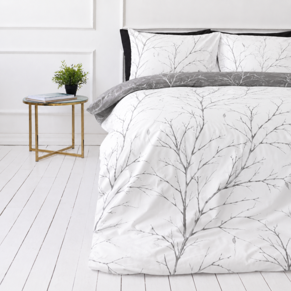 Bedding Set „Woodland Gray“. Patterned bedding sets, 140x200 cm, 200x200 cm, 200x220 cm. White bedding with a subtle grey tree branch pattern Bedding Set „Woodland Gray“. Patterned bedding sets, 140x200 cm, 200x200 cm, 200x220 cm. White bedding with a subtle grey tree branch pattern