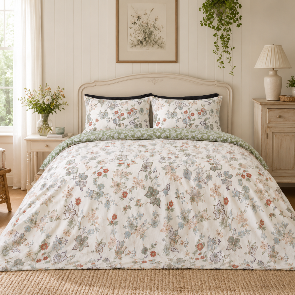 Bedding Set „English Garden“. Bedding sets 135x200, 140x200 cm, 200x200 cm, 200x220 cm. Floral bedding set in a bright, elegant english cottage-style bedroom.