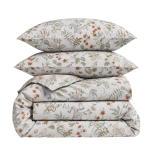 Bedding Set „English Garden“. Bedding sets 135x200, 140x200 cm, 200x200 cm, 200x220 cm. Light sand-colored bedding set with a colorful botanical pattern of green leaves, rusty brown flowers and soft bluish blooms.