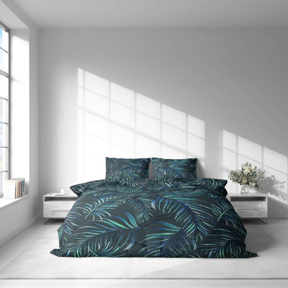 Bedding Set „Fern Whisper“. Green bedding set, 140x200 cm, 150x200 cm, 160x200 cm, 180x200 cm, 200x200 cm, 200x220 cm, 220x240 cm. Dark green bedding set featuring beautiful fern leaf patterns, creating a serene and refreshing atmosphere in your space.
