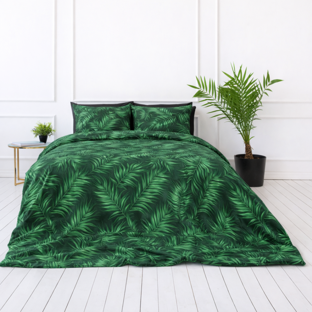 Bedding Set „Fern“. Bedding sets with plants, 140x200 cm, 150x200 cm, 160x200 cm, 180x200 cm, 200x200 cm, 200x220 cm. Bedding set featuring prominent fern pattern on a deep green background