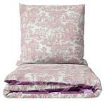 Bedding Set „Fiery“. Purple bedding, 140x200 cm, 200x200 cm, 200x220 cm. Bedding set with a pink classic landscape pattern and a rosy geometric accent.